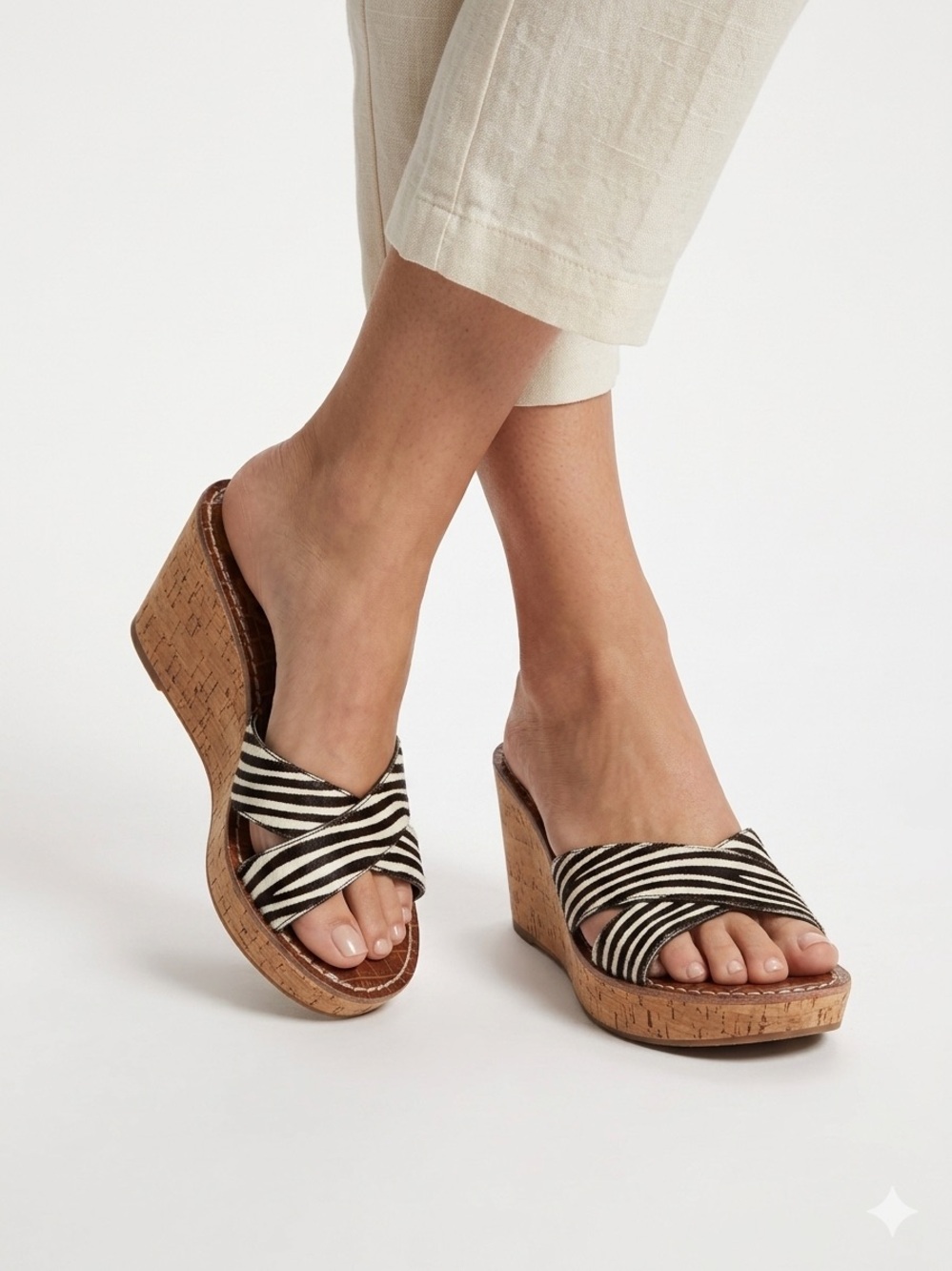 Sam Edelman Reid Zebra Print Calf Hair Cork Platform Wedge Slide Sandals 6.5M